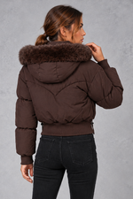 Women's Cropped Puffer Bomber Jacket in Dark Brown – back view