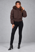 Women's Cropped Puffer Bomber Jacket in Dark Brown – full-length view