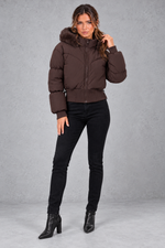 Women's Cropped Puffer Bomber Jacket in Dark Brown – full-length view