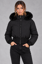 Women's Cropped Puffer Bomber Jacket in Black – front view