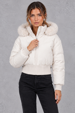 Women's Cropped Puffer Bomber Jacket in Cream – front view