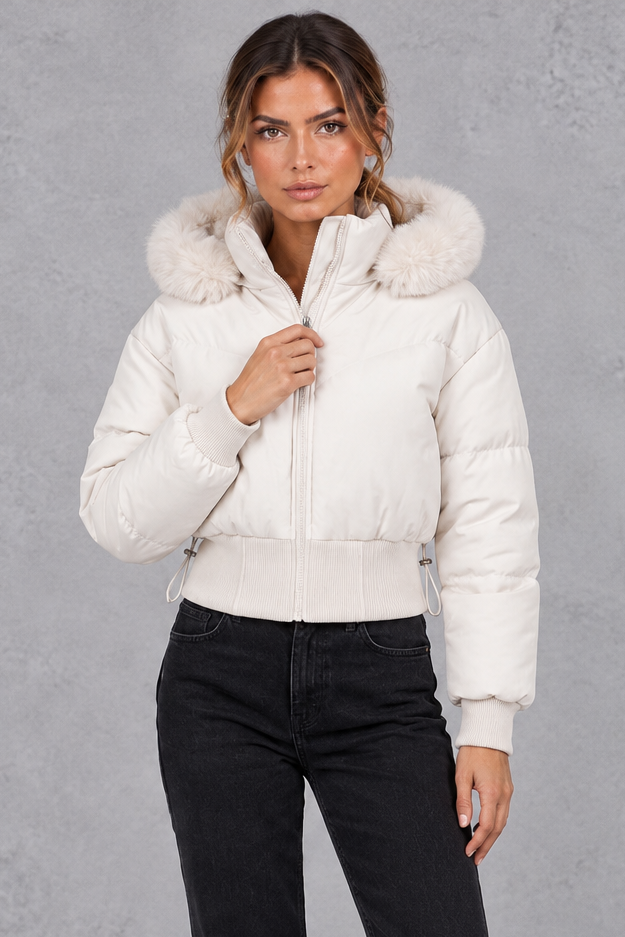 Women's Cropped Puffer Bomber Jacket in Cream – front view