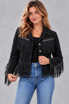 Women's Cropped Suede-Look Fringe Jacket in Black – front view
