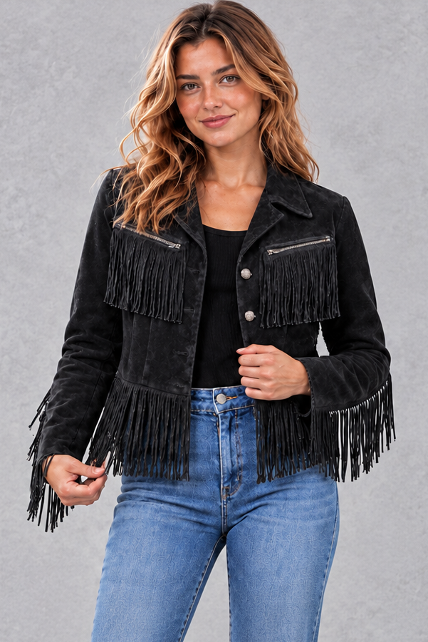 Women's Cropped Suede-Look Fringe Jacket in Black – front view