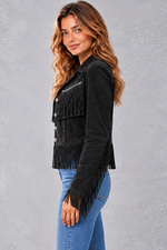 Women's Cropped Suede-Look Fringe Jacket in Black – side view