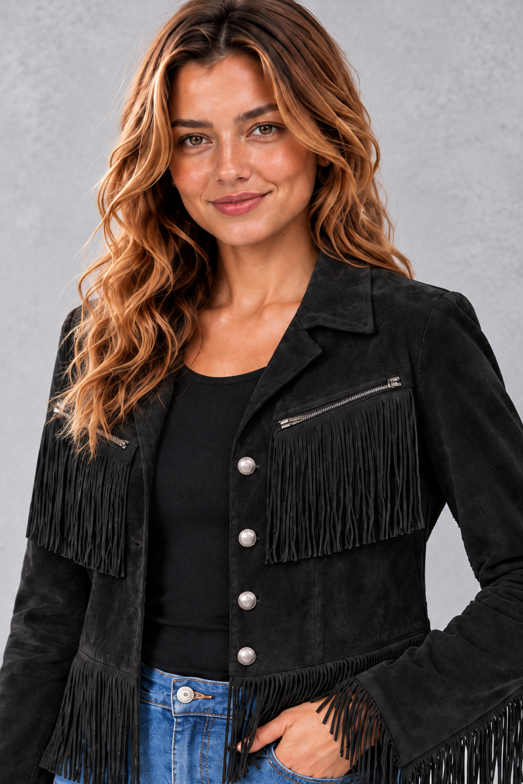 Women's Cropped Suede-Look Fringe Jacket in Black – close-up