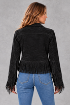 Women's Cropped Suede-Look Fringe Jacket in Black – back view