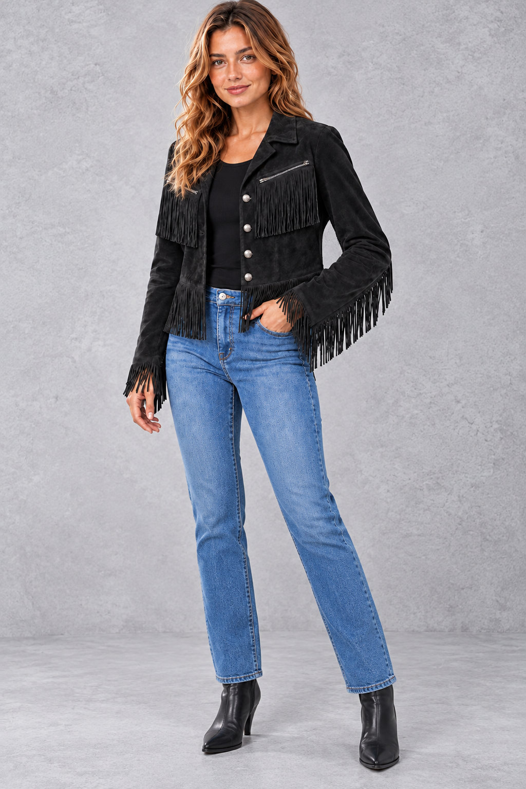 Women's Cropped Suede-Look Fringe Jacket in Black – full-length view