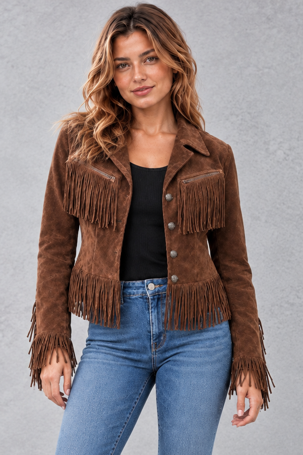 Women's Cropped Suede-Look Fringe Jacket in Brown – front view