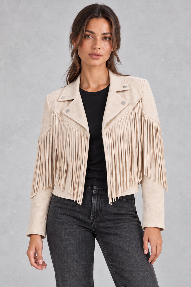 Women's Cropped Suede Fringe Jacket in White – front view