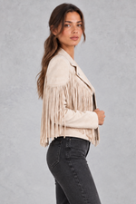 Women's Cropped Suede Fringe Jacket in White – side view