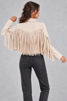 Women's Cropped Suede Fringe Jacket in White – back view