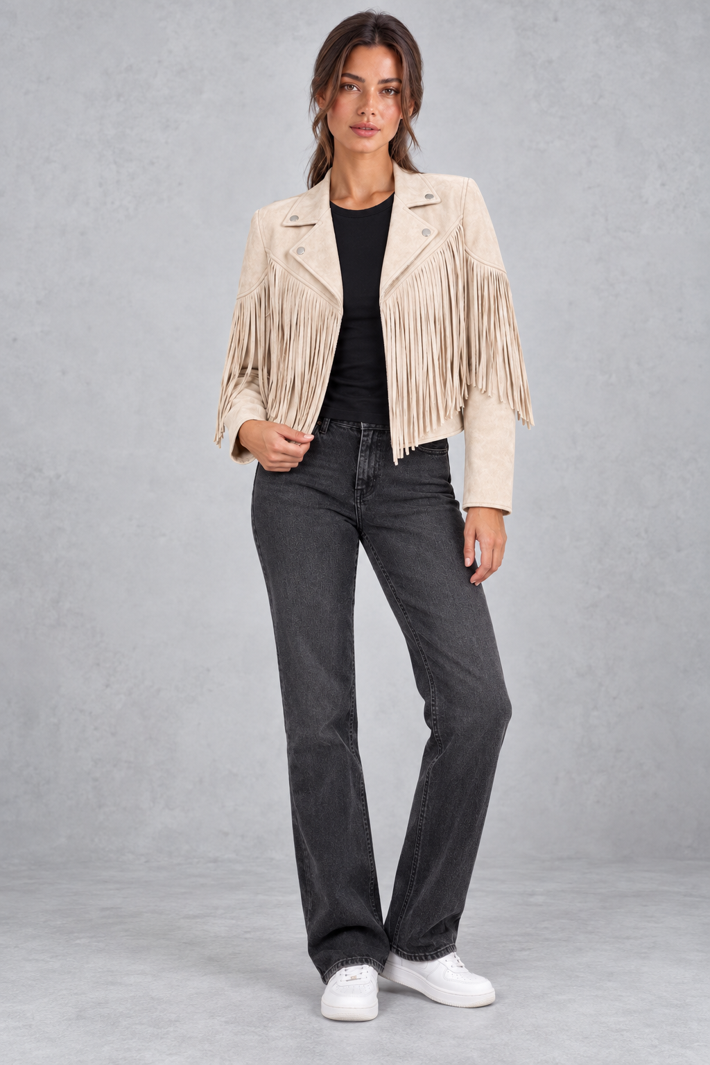 Women's Cropped Suede Fringe Jacket in White – full-length view