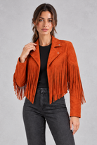 Women's Cropped Suede Fringe Jacket in Orange – front view