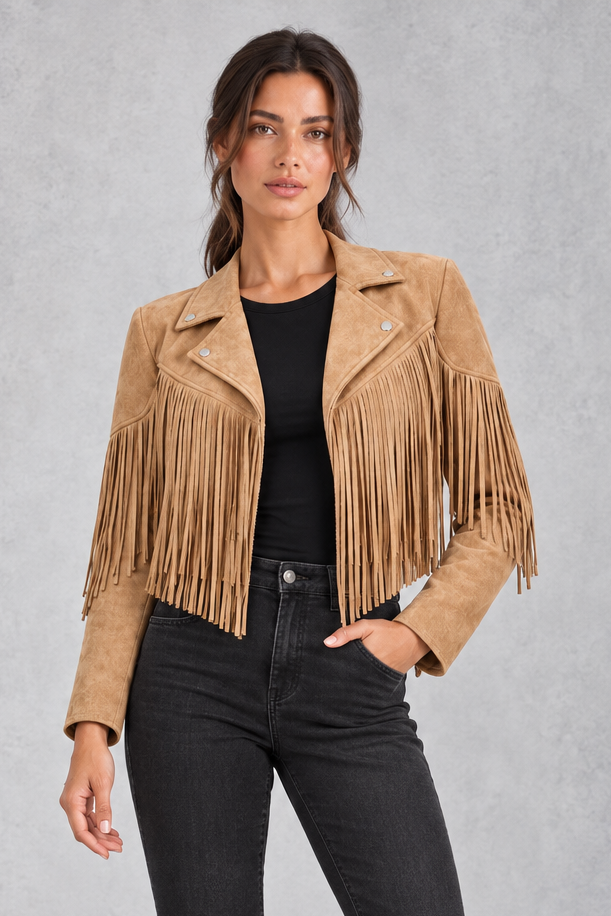 Women's Cropped Suede Fringe Jacket in Brown – front view