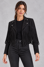 Women's Cropped Suede Fringe Jacket in Black – front view