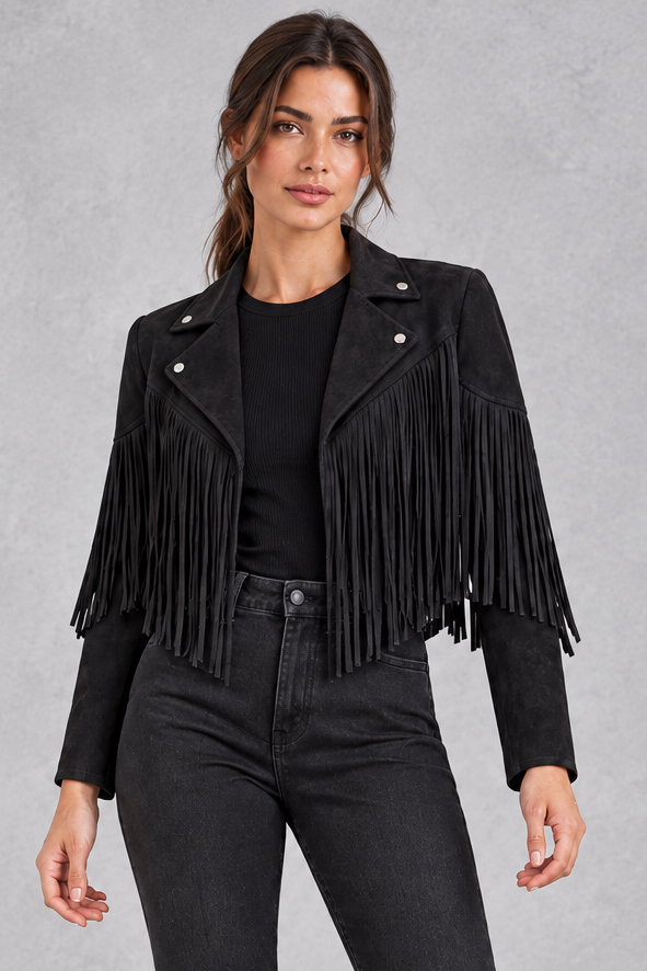 Women's Cropped Suede Fringe Jacket in Black – front view