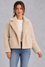 Women's Cropped Teddy Jacket – Notched Lapels & Patch Pockets – Beige – front view