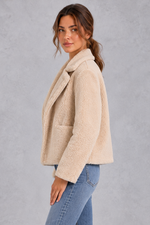 Women's Cropped Teddy Jacket – Notched Lapels & Patch Pockets – Beige – side view