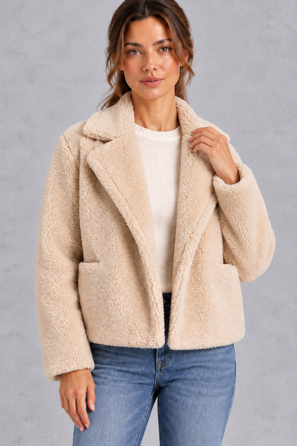 Women's Cropped Teddy Jacket – Notched Lapels & Patch Pockets – Beige – close-up front view