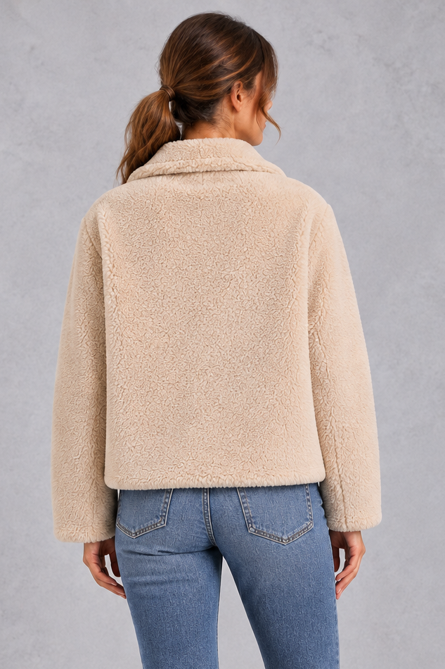 Women's Cropped Teddy Jacket – Notched Lapels & Patch Pockets – Beige – back view