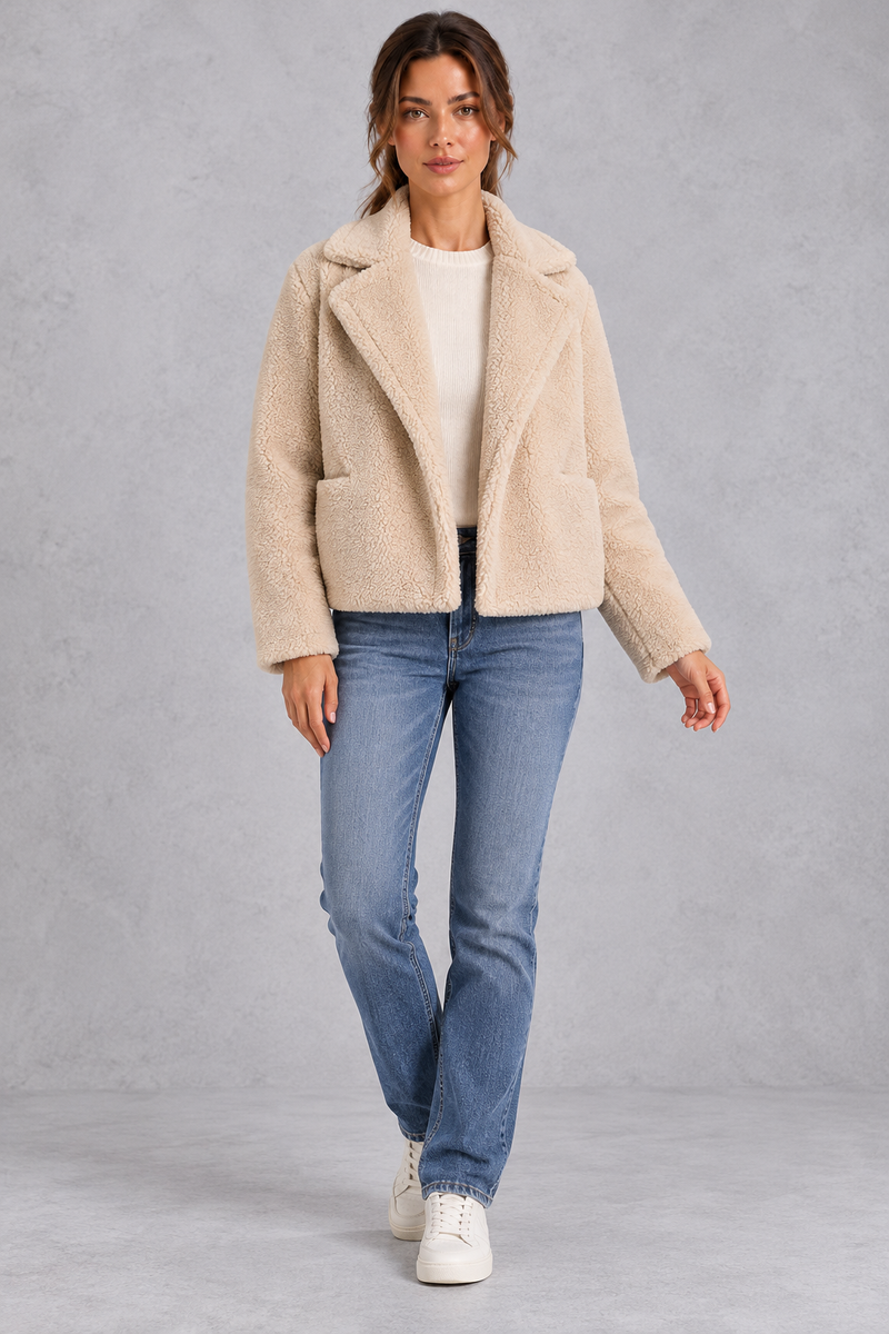 Women's Cropped Teddy Jacket – Notched Lapels & Patch Pockets – Beige – full-length view