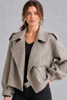 Women's cropped wool jacket in Taupe – close-up view