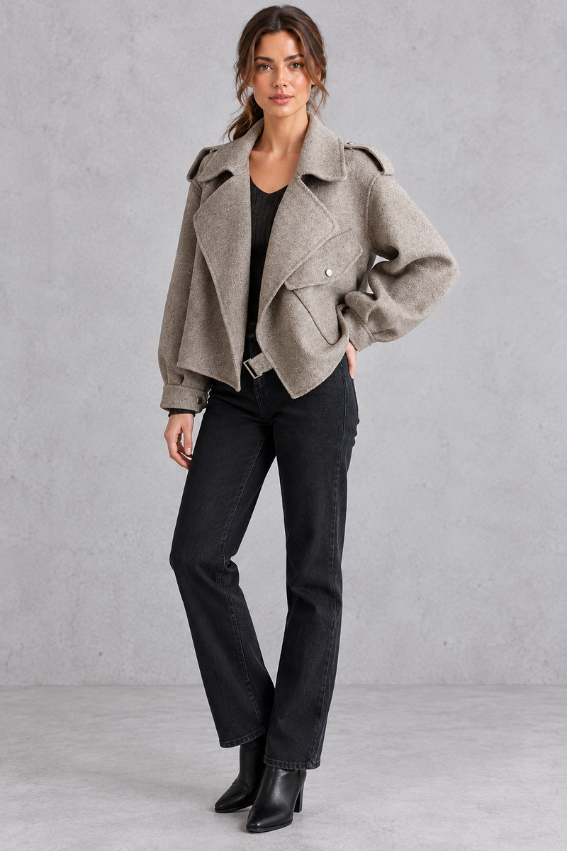 Women's cropped wool jacket in Taupe – full-length view