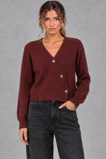 Women's Cropped Puff Sleeve Cardigan in Burgundy – front view