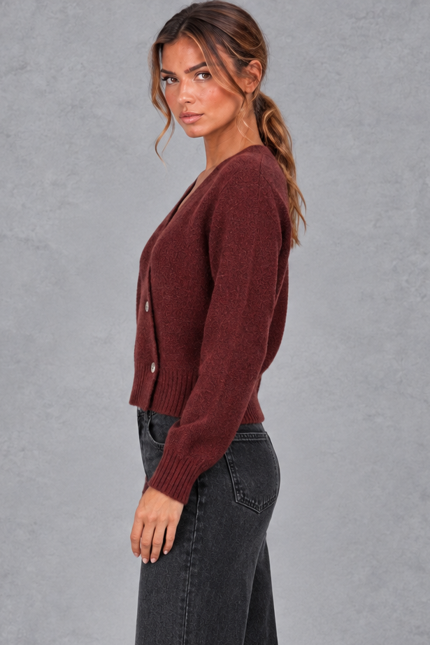 Women's Cropped Puff Sleeve Cardigan in Burgundy – side view