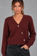 Women's Cropped Puff Sleeve Cardigan in Burgundy – close-up