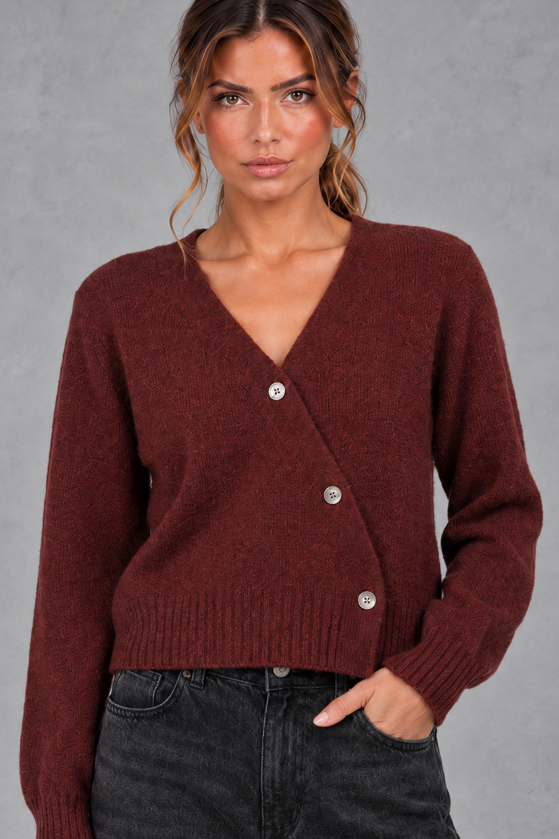 Women's Cropped Puff Sleeve Cardigan in Burgundy – close-up