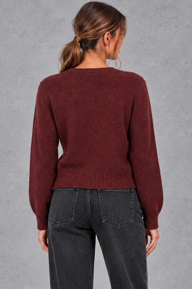 Women's Cropped Puff Sleeve Cardigan in Burgundy – back view