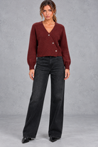 Women's Cropped Puff Sleeve Cardigan in Burgundy – full-length view