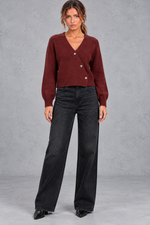 Women's Cropped Puff Sleeve Cardigan in Burgundy – full-length view