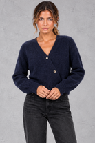 Women's Cropped Puff Sleeve Cardigan in Navy Blue – front view