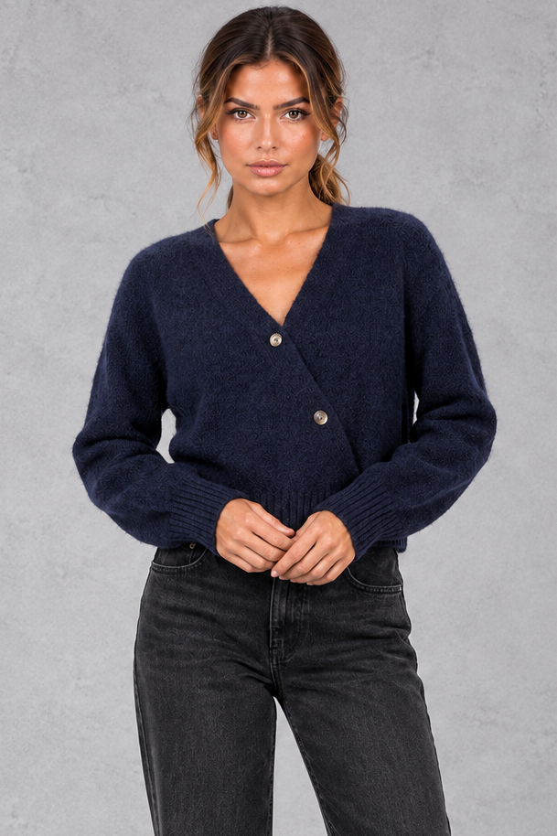 Women's Cropped Puff Sleeve Cardigan in Navy Blue – front view