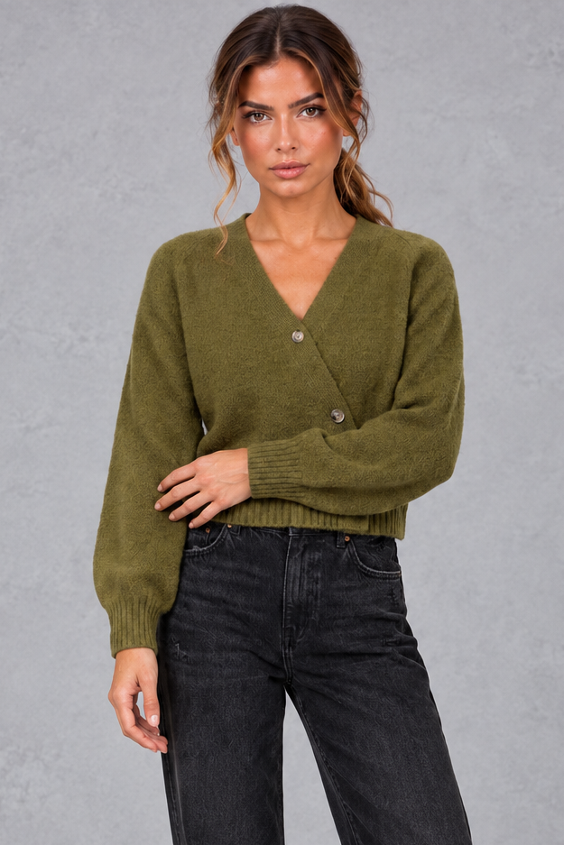 Women's Cropped Puff Sleeve Cardigan in Olive Green – front view