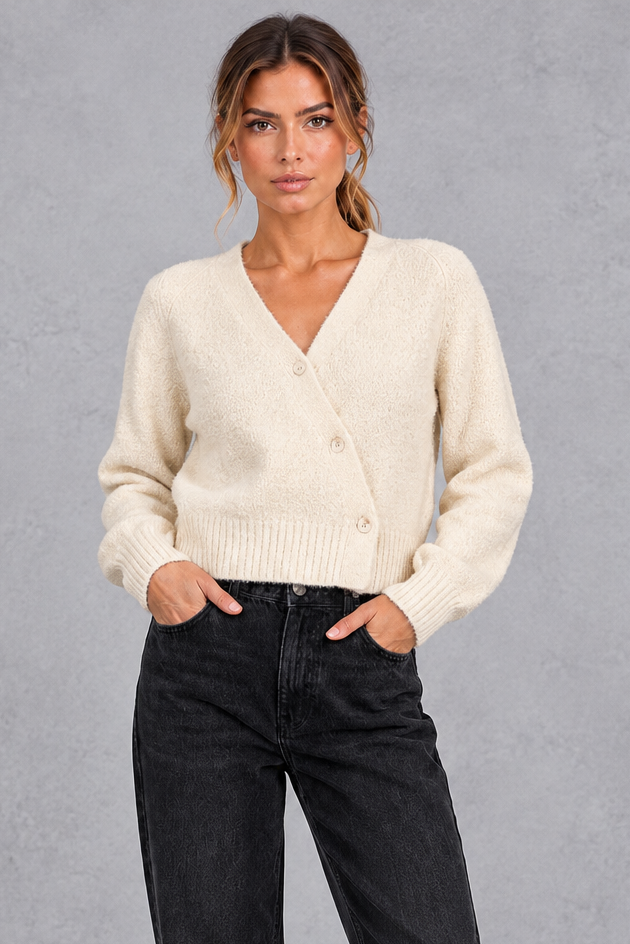 Women's Cropped Puff Sleeve Cardigan in Cream – front view