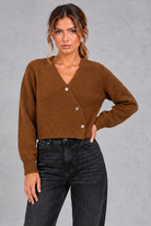 Women's Cropped Puff Sleeve Cardigan in Brown – front view