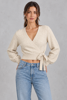 Women's Cropped Wrap Cardigan in Cream – front view