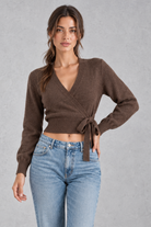 Women's Cropped Wrap Cardigan in Brown – front view