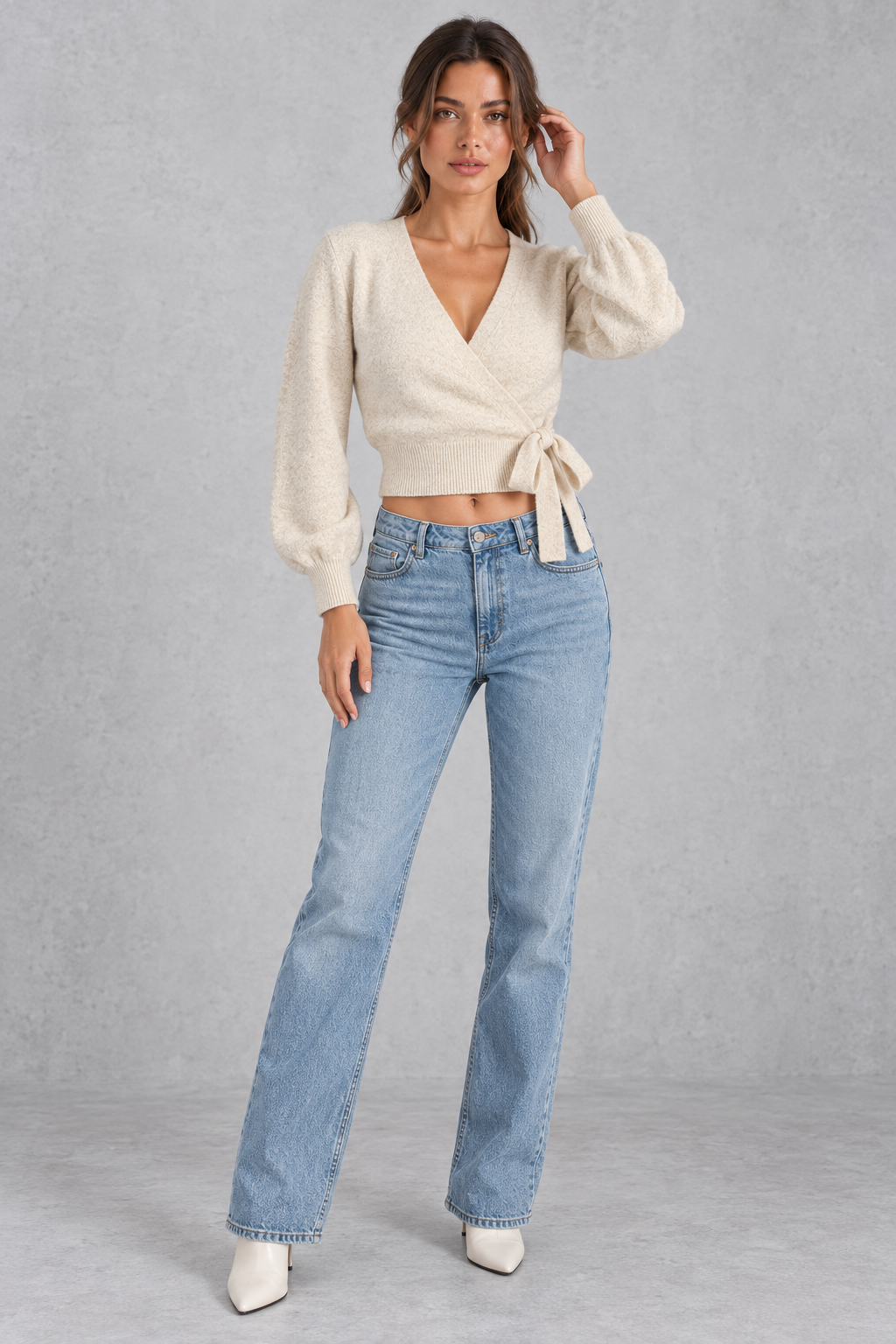 Women's Cropped Wrap Cardigan in Cream – full-length view