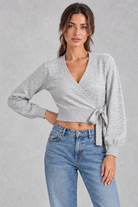 Women's Cropped Wrap Cardigan in Light Grey – front view