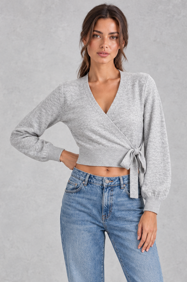 Women's Cropped Wrap Cardigan in Light Grey – front view