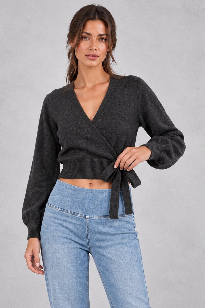 Women's Cropped Wrap Cardigan in Black – front view