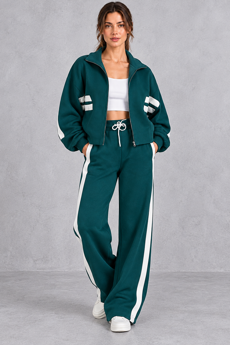 Women's green cropped track jacket and wide leg drawstring jogger set – front view