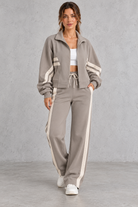 Women's grey cropped track jacket and wide leg drawstring jogger set – front view