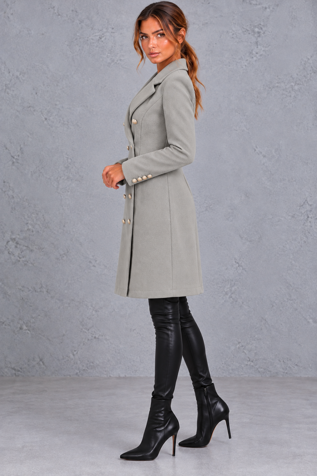 Women's double-breasted blazer coat in Grey – side view