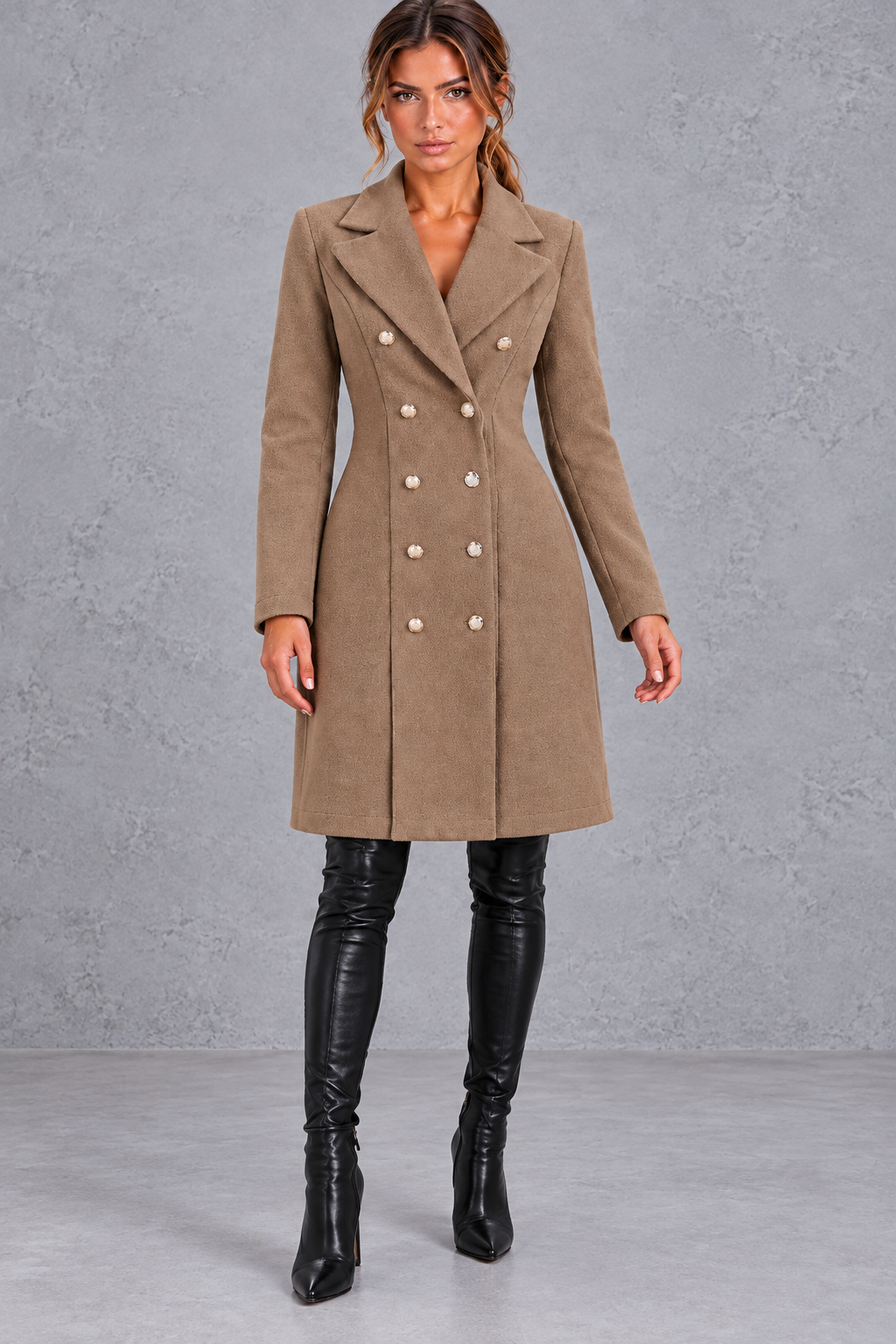 Women's double-breasted blazer coat in Camel – front view